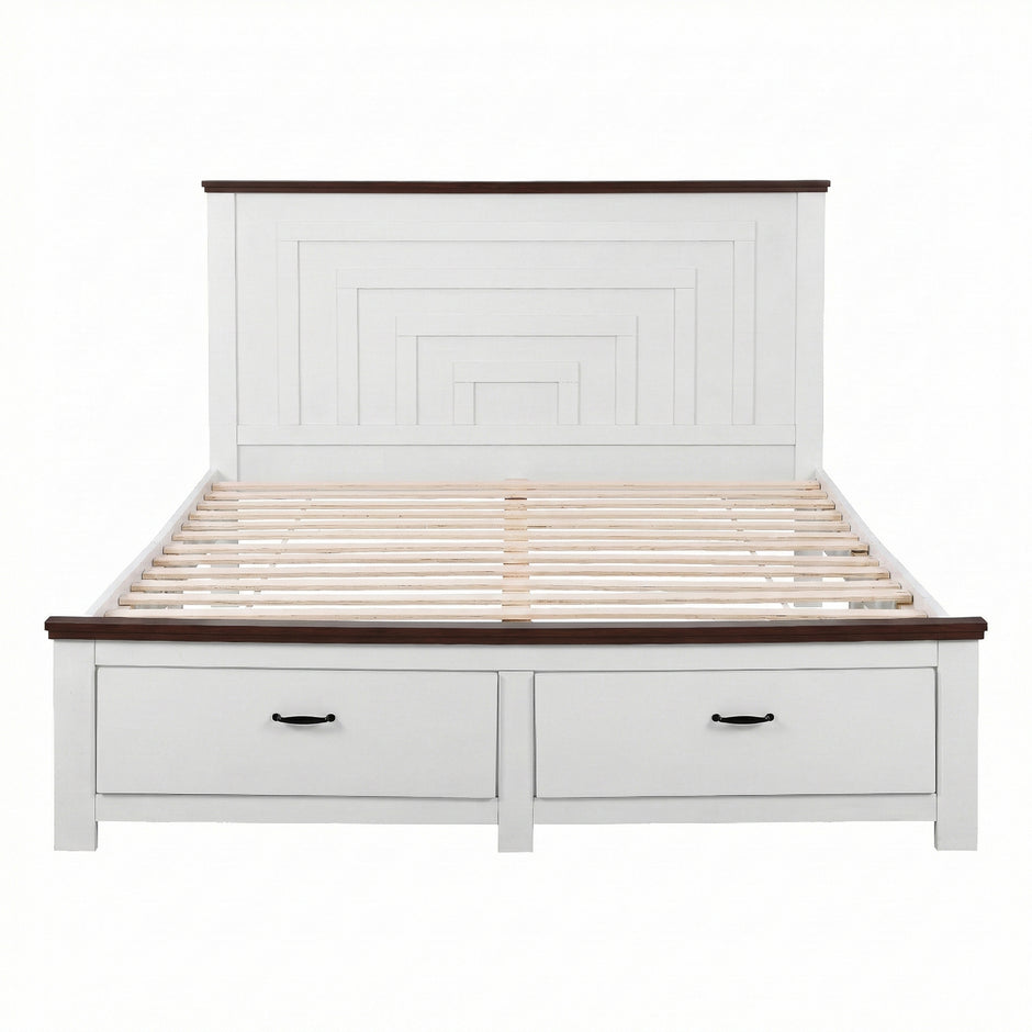 Artiss Double Wooden Bed Frame with 2 Drawer Platform Bed with 108cm Solid High Headboard White Bed Base for Bedroom Easy Assembly