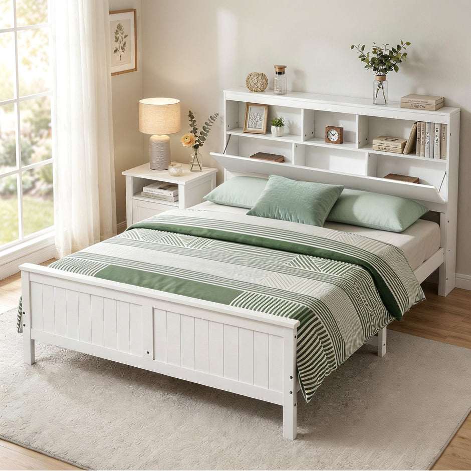 Artiss Queen Bed Frame with Storage Headboard and Footboard Wooden Bed Base White