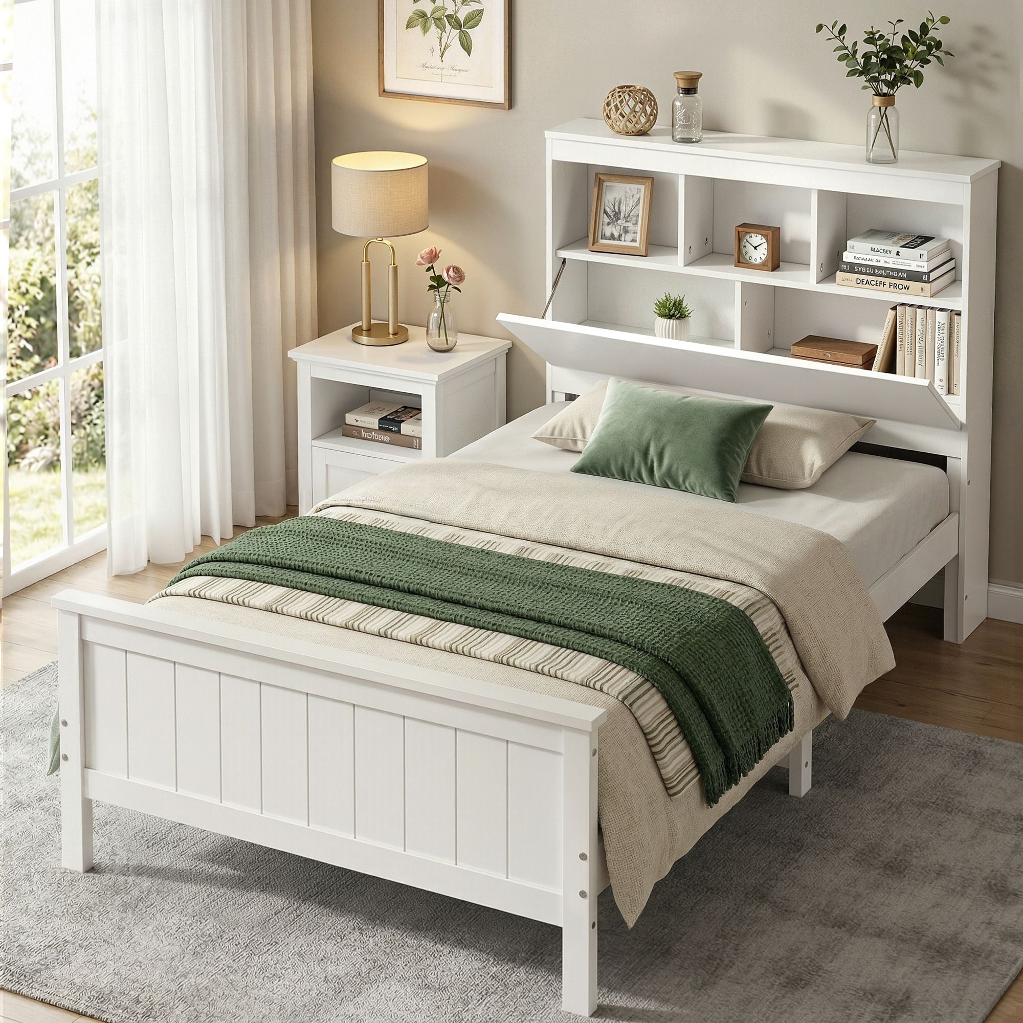 Artiss Single Bed Frame with Storage Headboard and Footboard Wooden Bed Base White