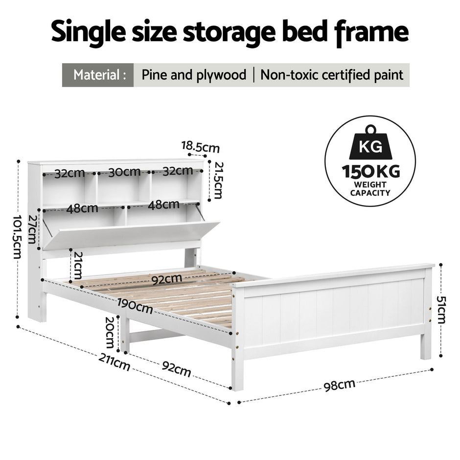 Artiss Single Bed Frame with Storage Headboard and Footboard Wooden Bed Base White