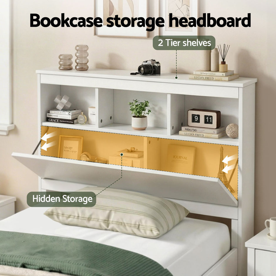 Artiss Single Bed Frame with Storage Headboard and Footboard Wooden Bed Base White