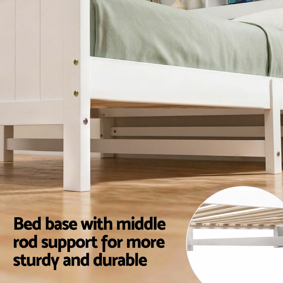 Artiss Single Bed Frame with Storage Headboard and Footboard Wooden Bed Base White