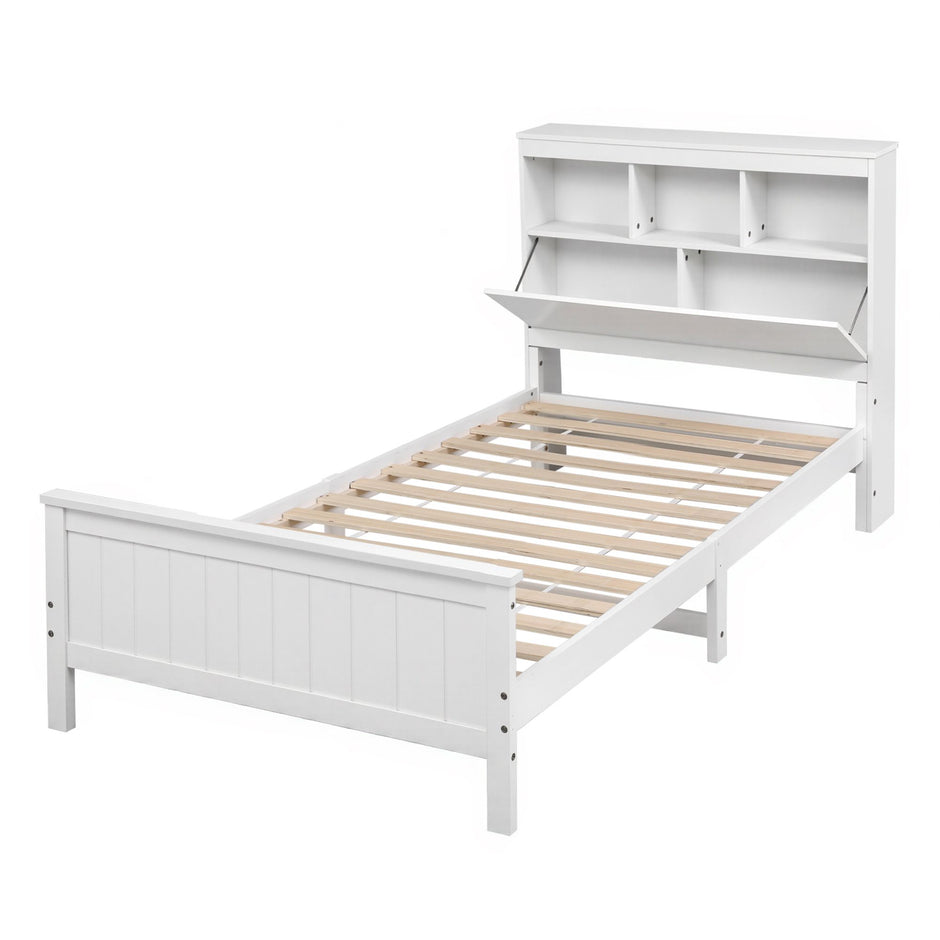 Artiss Single Bed Frame with Storage Headboard and Footboard Wooden Bed Base White
