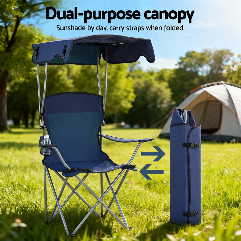 Weisshorn Camping Chair With Canopy Folding Outdoor Portable Seat Lightweight Beach Picnic Fishing Capacity 120KG Navy Blue
