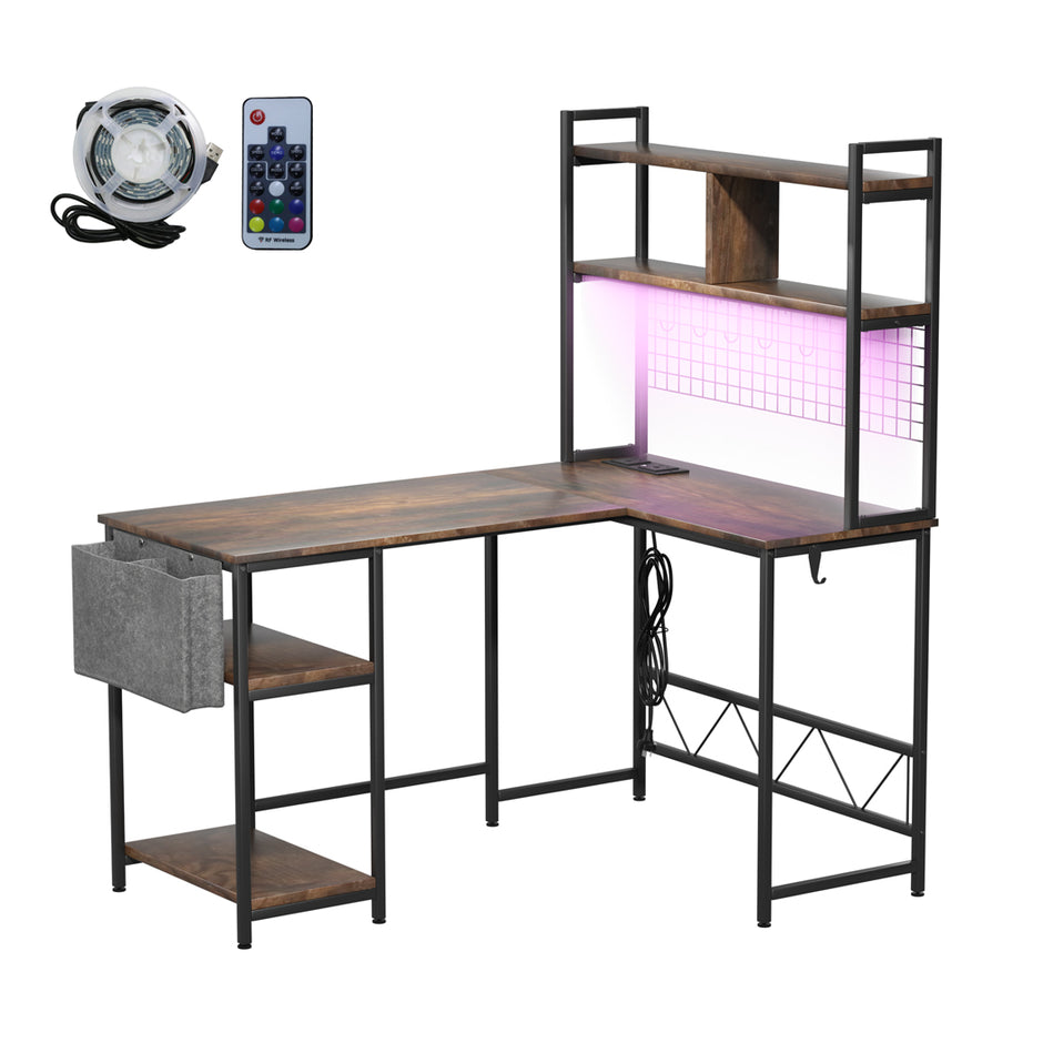 Levede L Shaped Gaming Desk with LED Lights Brown-2006732839361581056