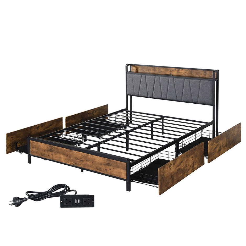 Levede Queen Bed Frame Soft Storage Drawers Headboard USB Charge-2006733226512617472