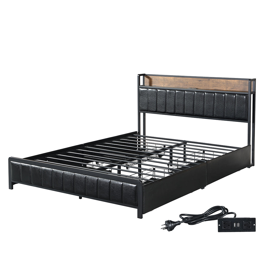 Levede Queen Bed Frame PU 4 Drawer USB Charge-2018816936221216768