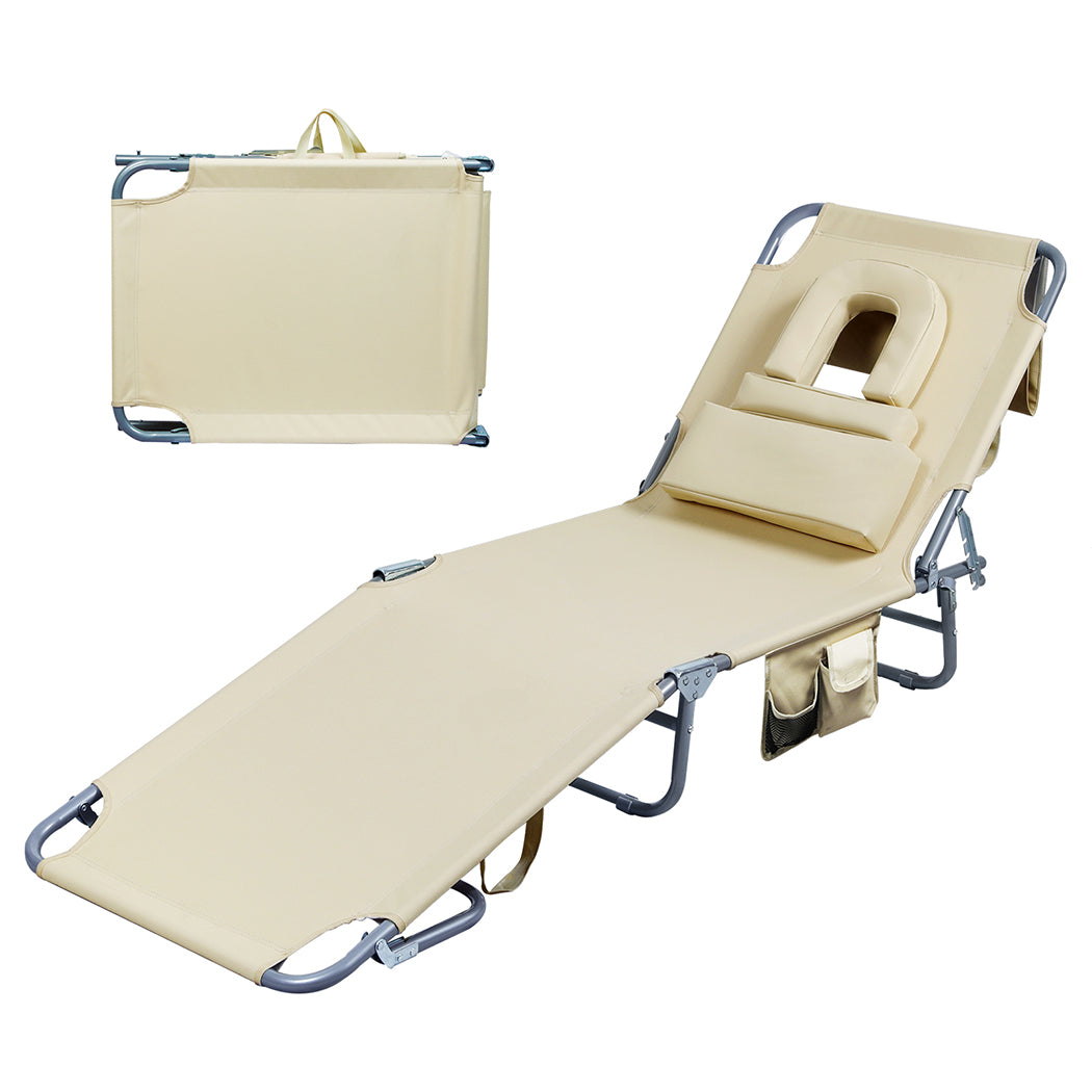Levede Foldable Beach Lounge Chairs with Face Hole Khaki-2018816828662484992