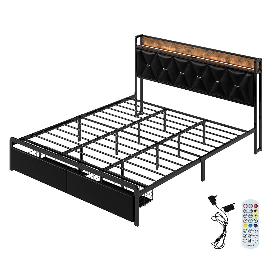 Levede King Bed Frame Leather Headboard RGB 2 Drawers-2006732795694682112