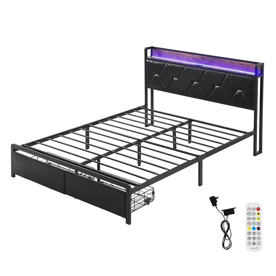 Levede Queen Metal Bed Frame LED Lights 2 Drawers-2018816912707948544