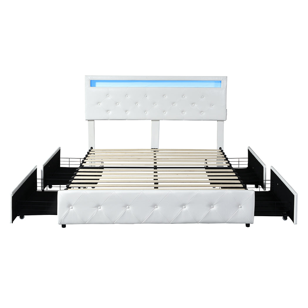 Levede Double Bed Frame RGB LED PU 4 Drawer USB-2006732834257113089