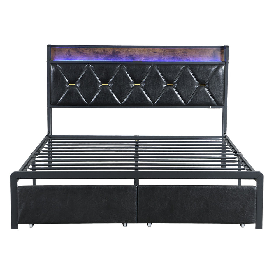 Levede Double Metal Bed Frame LED Lights 2 Drawers-2018816909578997761