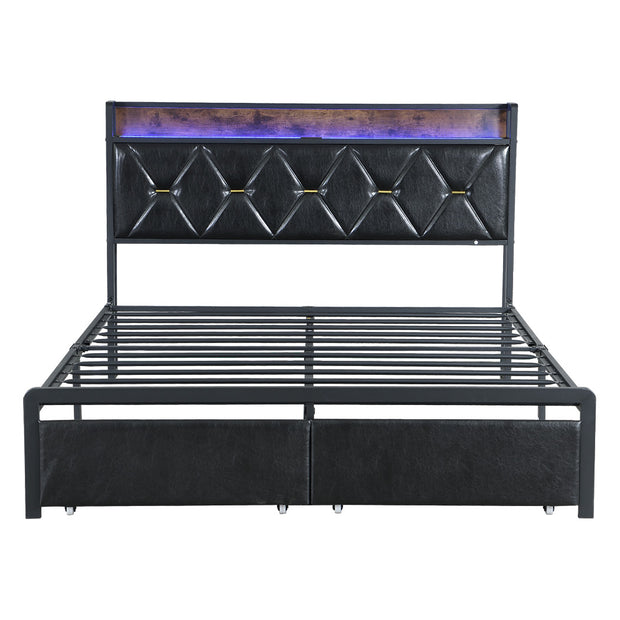 Levede Double Metal Bed Frame LED Lights 2 Drawers-2018816909578997761