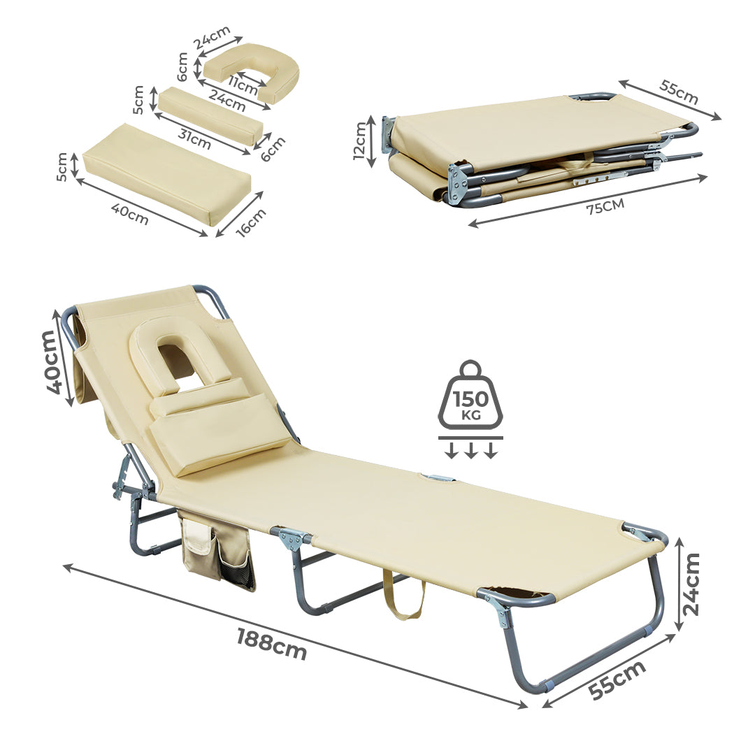 Levede Foldable Beach Lounge Chairs with Face Hole Khaki-2018816828662484994