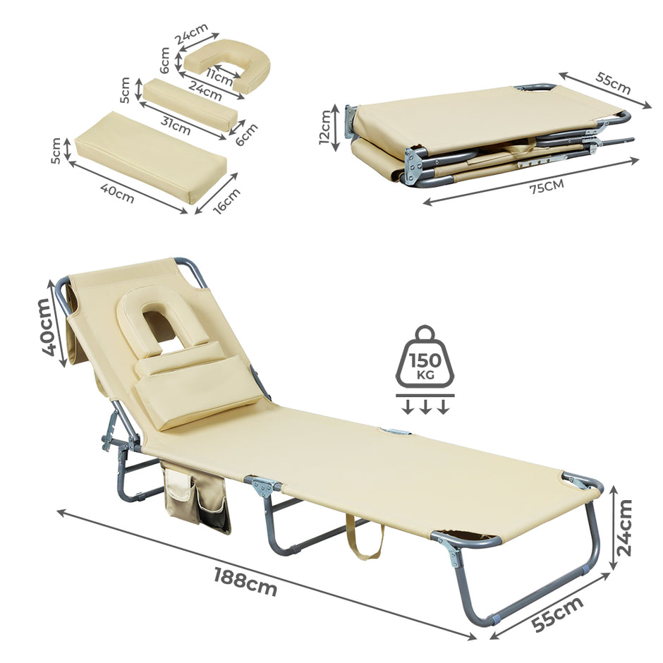 Levede Foldable Beach Lounge Chairs with Face Hole Khaki-2018816828662484994