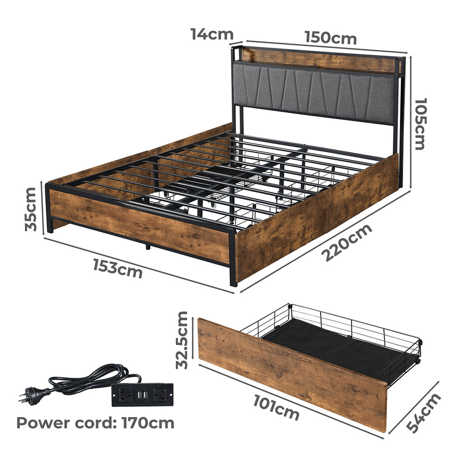 Levede Queen Bed Frame Soft Storage Drawers Headboard USB Charge-2006733226512617474