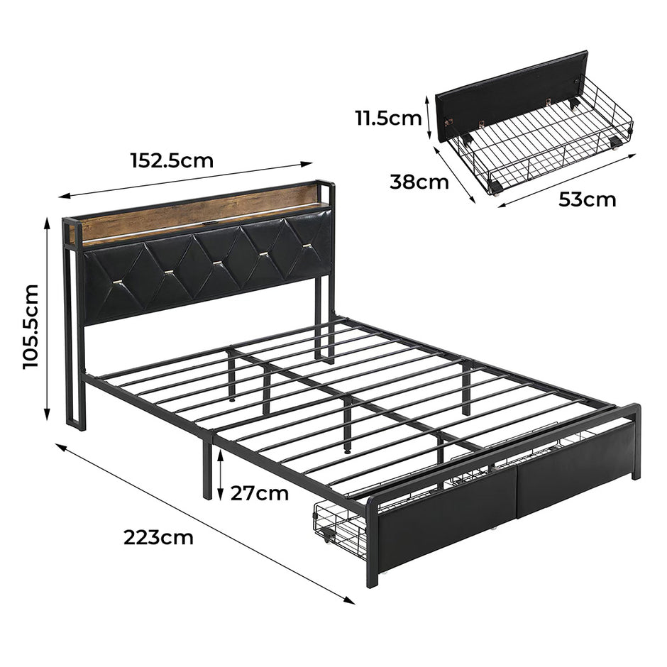 Levede Queen Metal Bed Frame LED Lights 2 Drawers-2018816912707948546