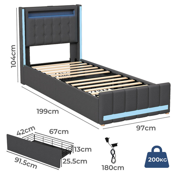 Levede Single Bed Frame Fabric Storage Drawer LED USB-2006733382138073090