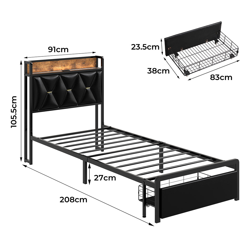Levede Single Bed Frame Leather Headboard RGB 2 Drawers-2006732795887620098