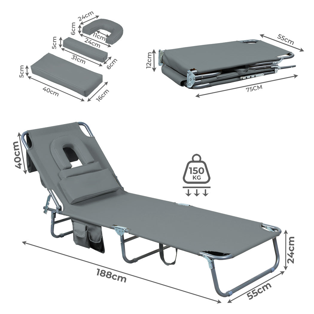 Levede Foldable Beach Lounge Chairs with Face Hole Grey-2018816828482129922