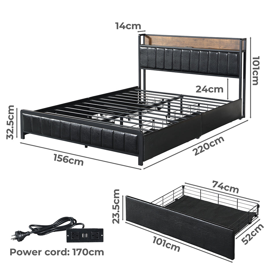 Levede Queen Bed Frame PU 4 Drawer USB Charge-2018816936221216770