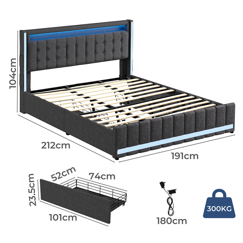 Levede King Bed Frame Fabric Storage Drawer LED USB-2006733381945135106