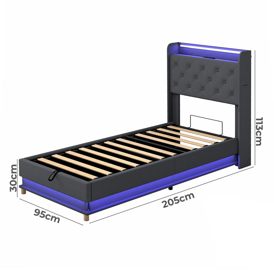 Levede Single Bed Frame Gas Lift Storage LED Light USB-2006733381777362946