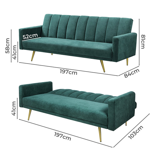 Levede Sofa Bed Convertible Velvet Lounge Recliner Couch Sleeper 3 Seater Green-2006732804997648386