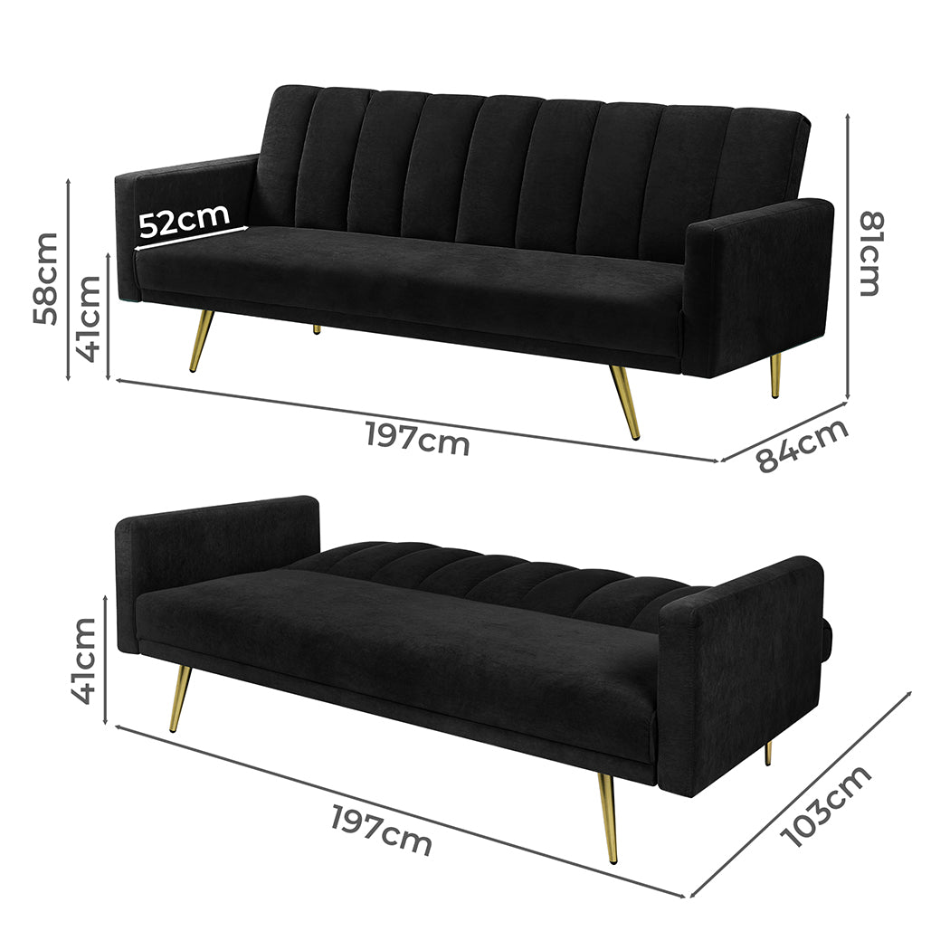 Levede Sofa Bed Convertible Velvet Lounge Recliner Couch Sleeper 3 Seater Black-2018816938825879554