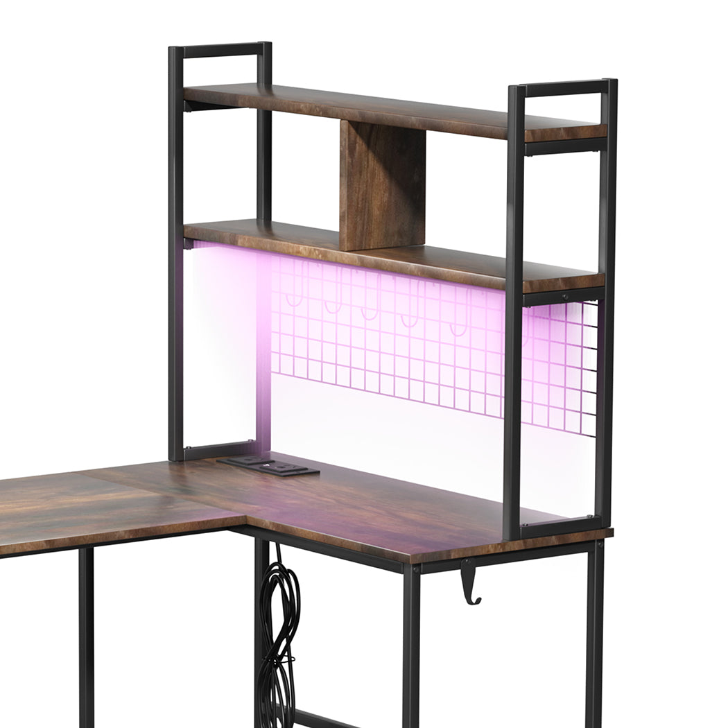 Levede L Shaped Gaming Desk with LED Lights Brown-2006732839361581059