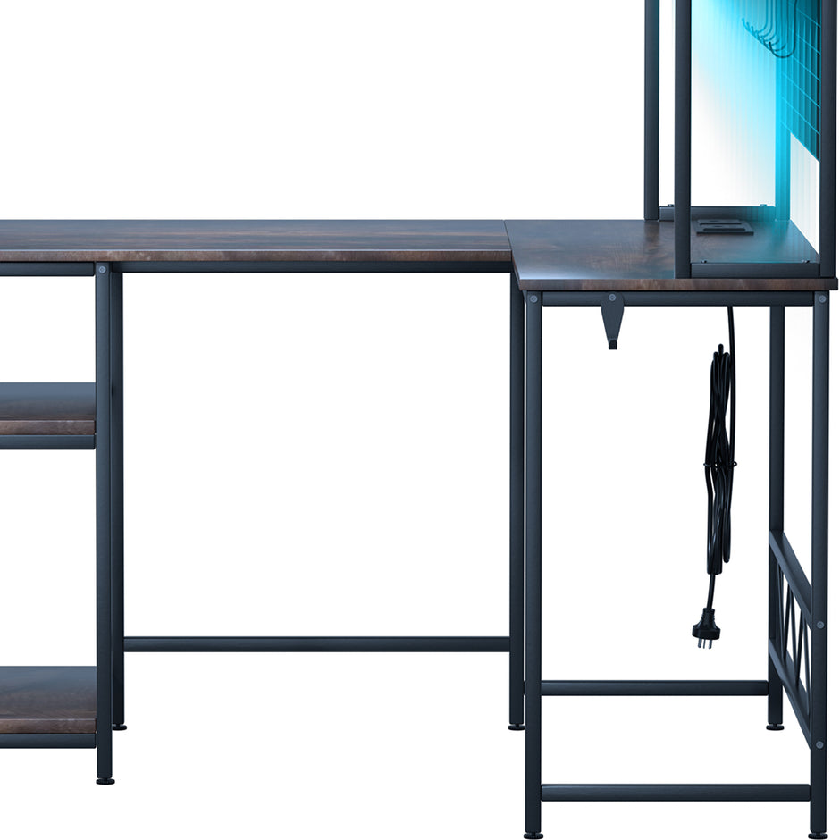 Levede L Shaped Gaming Desk with LED Lights Brown-2006732839361581060